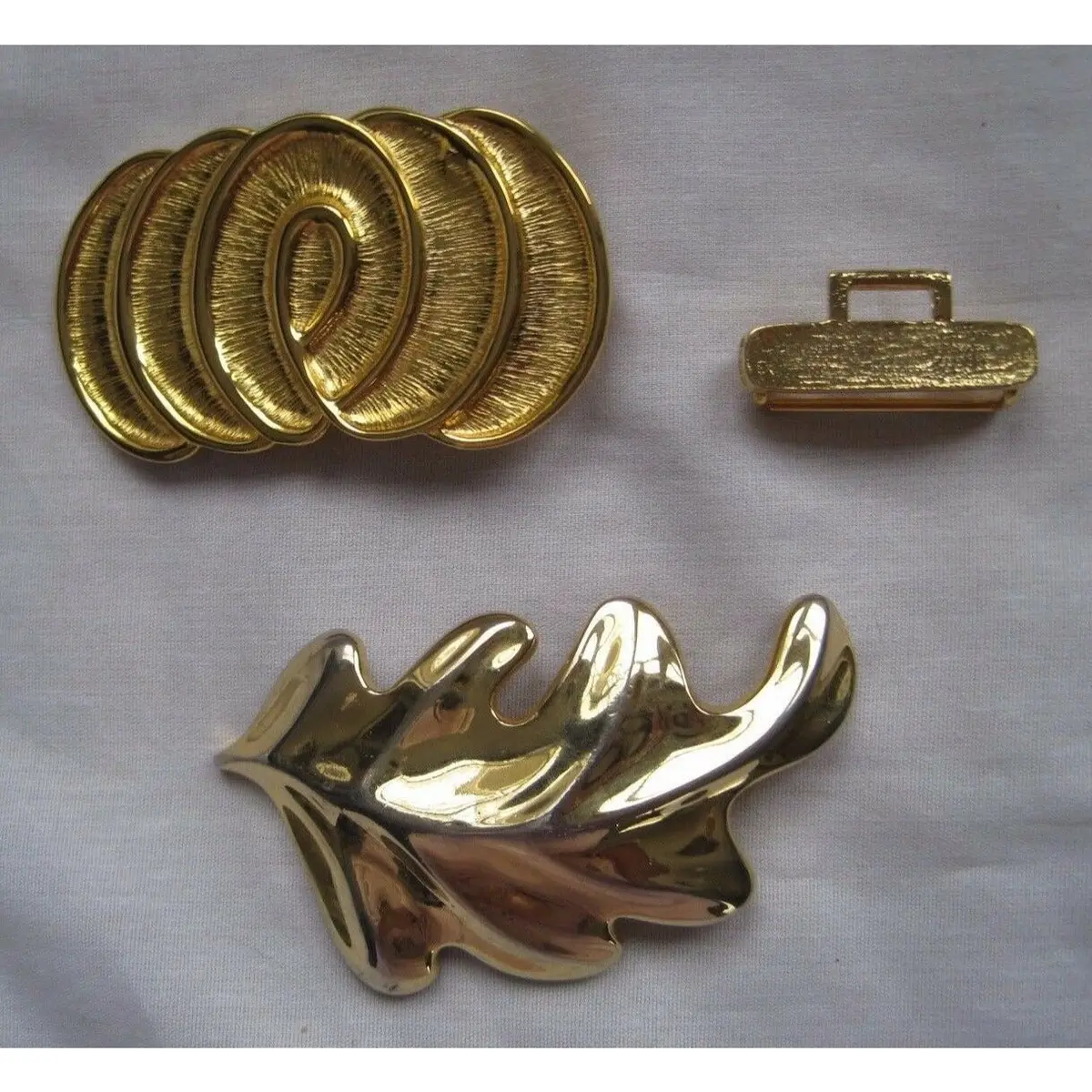 Vintage Douglas Paquette Gold Metal Leaf Abstract Belt Buckles 4" Long Lot 2 1