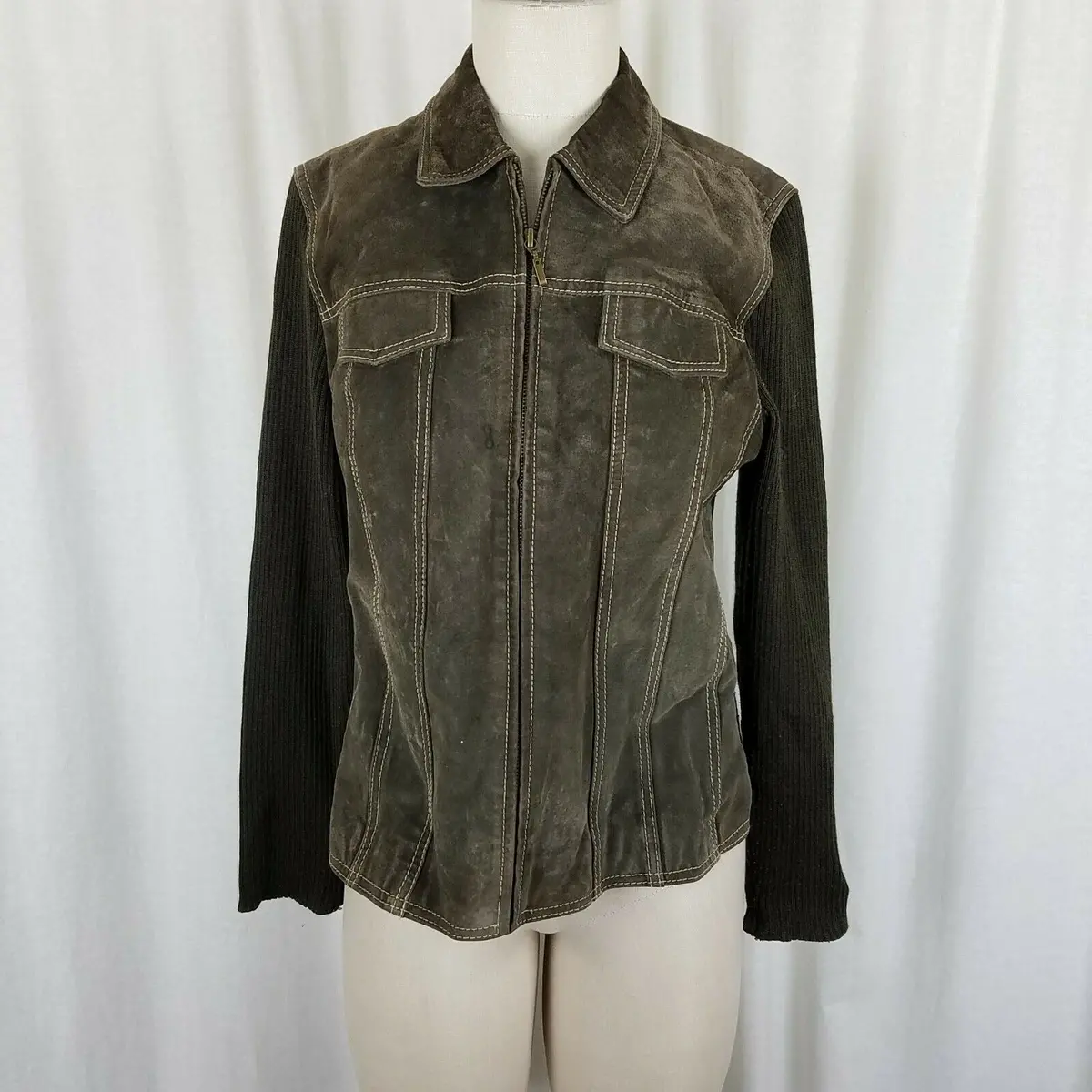 Coldwater Creek Wool Sweater Knit Sleeves Leather Jacket Shacket Womens 6P Zip 1