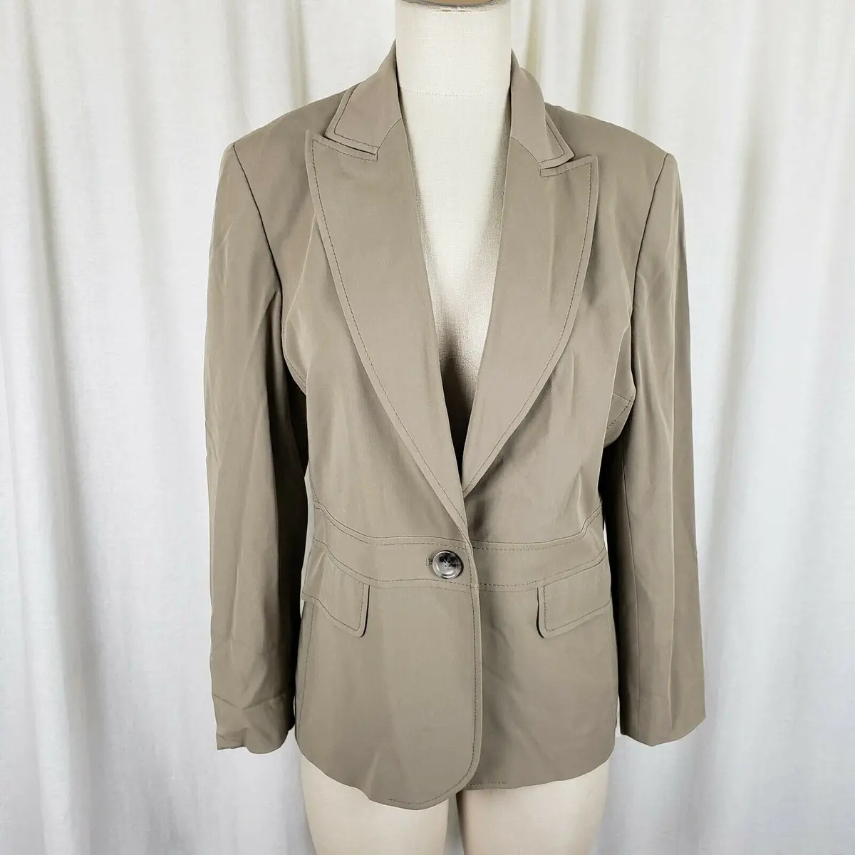 Ann Taylor Stretch Peak Lapel Single Button Tan Khaki Blazer Jacket Womens 8 1