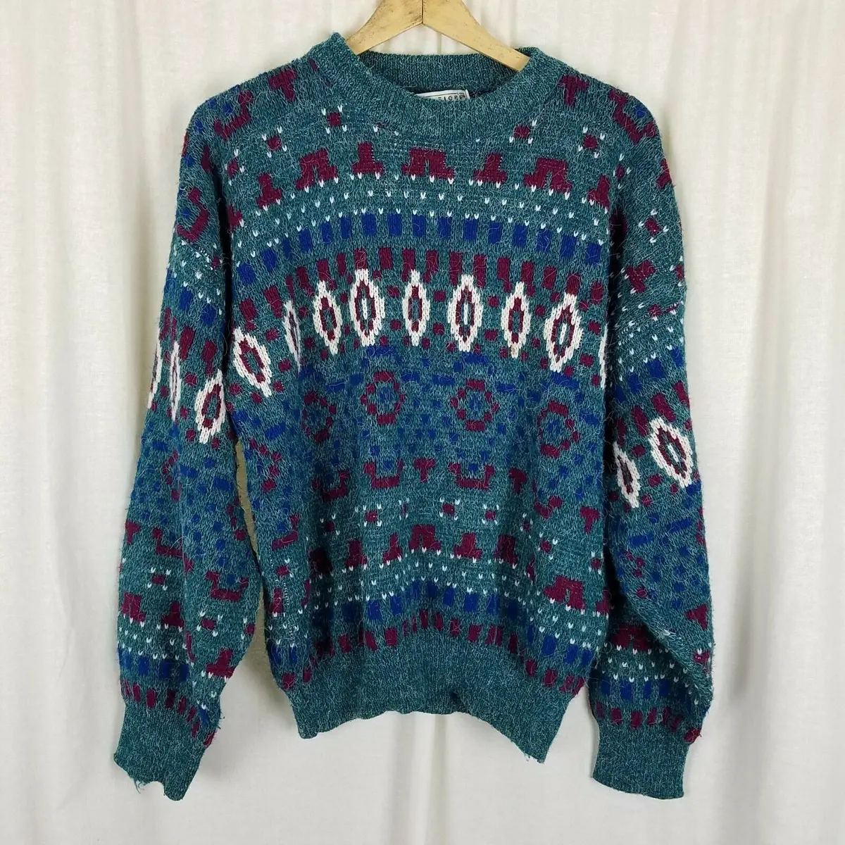 Vintage Le Tigre Diamond Mohair Look Geometric Knit Sweater Mens L 80S 90S 1