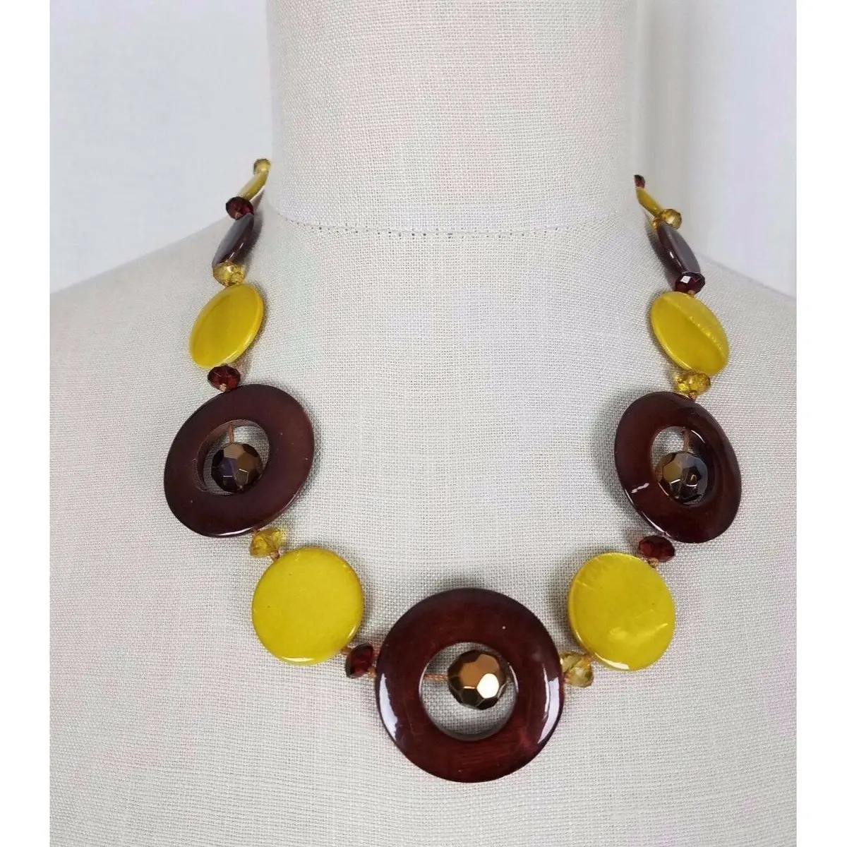 Yellow Brown Glass Circle Beads Beaded Bib Necklace Contemporary Statement Piece 1