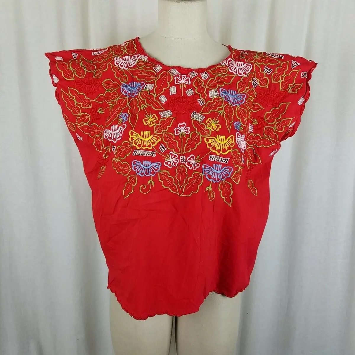 Monte's Embroideries Floral Tunic Blouse Womens L Batwing Short Sleeve Handmade 1