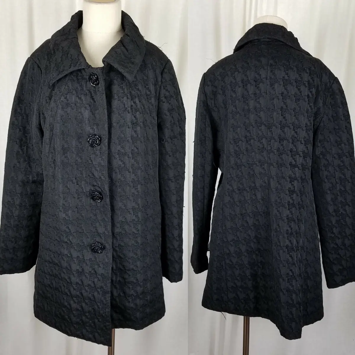 Laura Ashley Black Houndstooth Woven Short Button Up Peacoat Jacket Womens Xl 3D 1