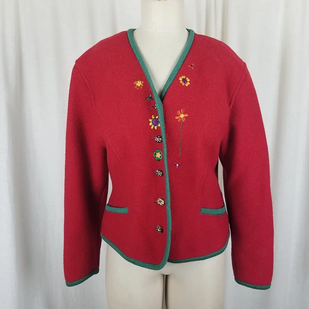 Geiger Austria Boiled Wool Embroidered Floral Jacket Blazer Womens 40 L 80S 1