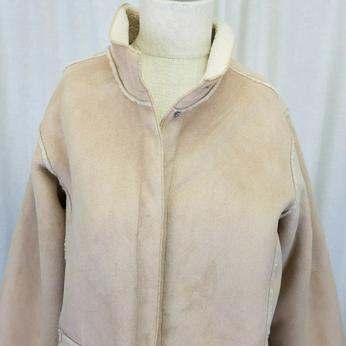 Travelsmith Faux Shearling Leather Sherpa Berber Fur Peacoat Jacket S Tan Vegan 2