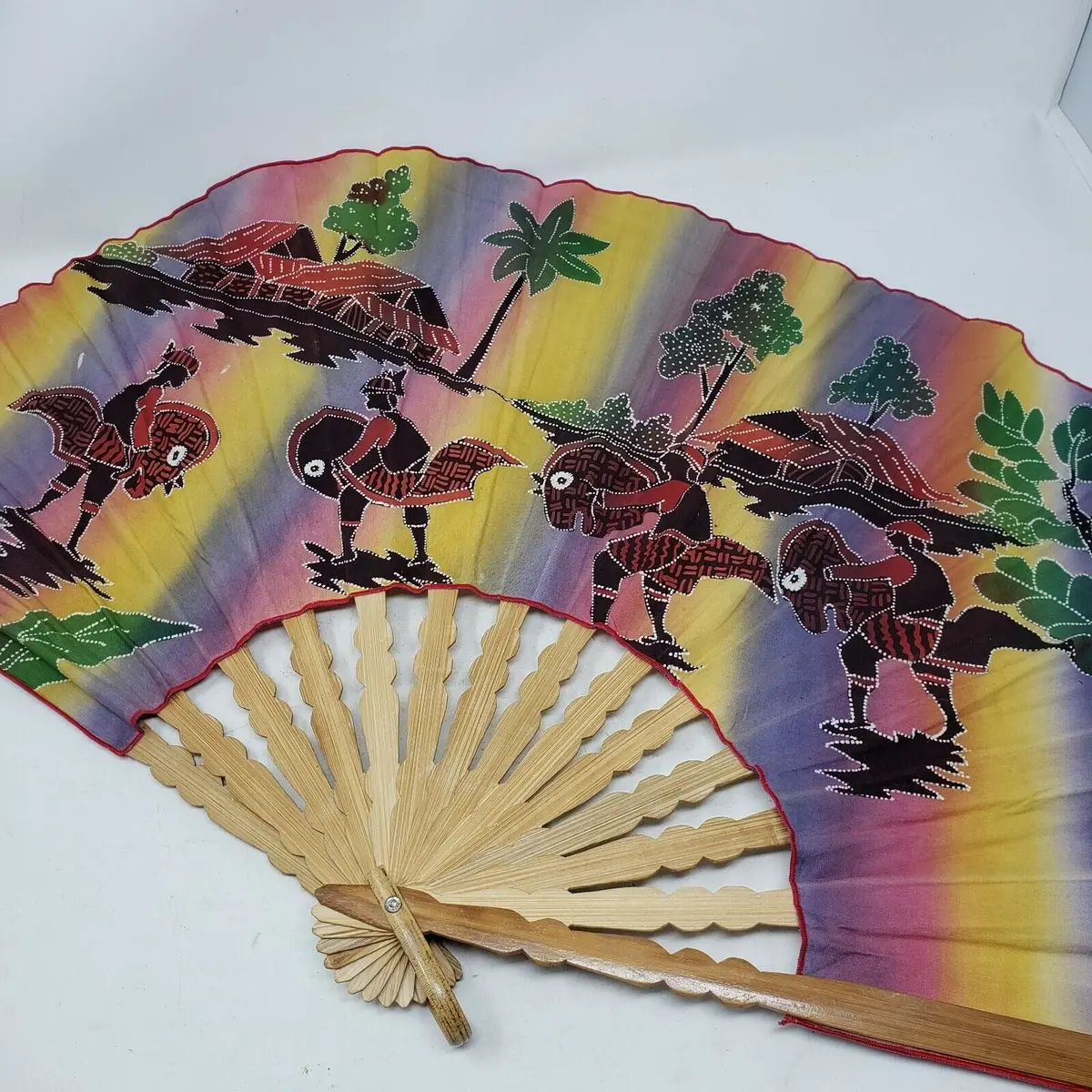 Vintage Bamboo Fabric Folding Fan Warriors On Horses Figural Scene W Landscape 1