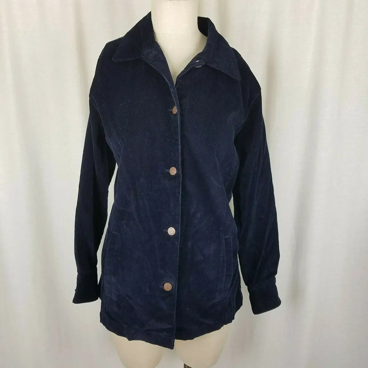 Bill Blass Jeans Stretch Corduroy Shirt Style Jacket Womens M Navy Blue Button 1