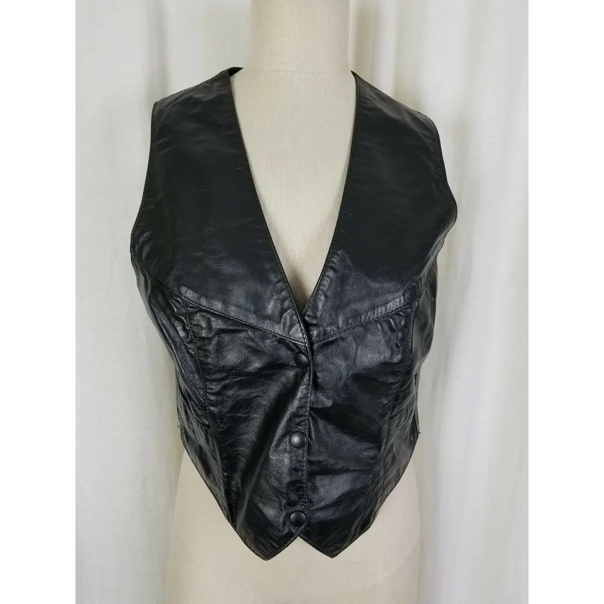 Black Leather Full Snap Up Pointed Vest Biker Motorcycle Womens M Made In Usa 1