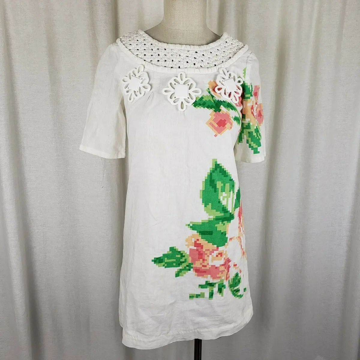 Vintage 50S Mini Mod Pixel Linen Crochet Bakelite Beaded Floral Womans Dress S 1