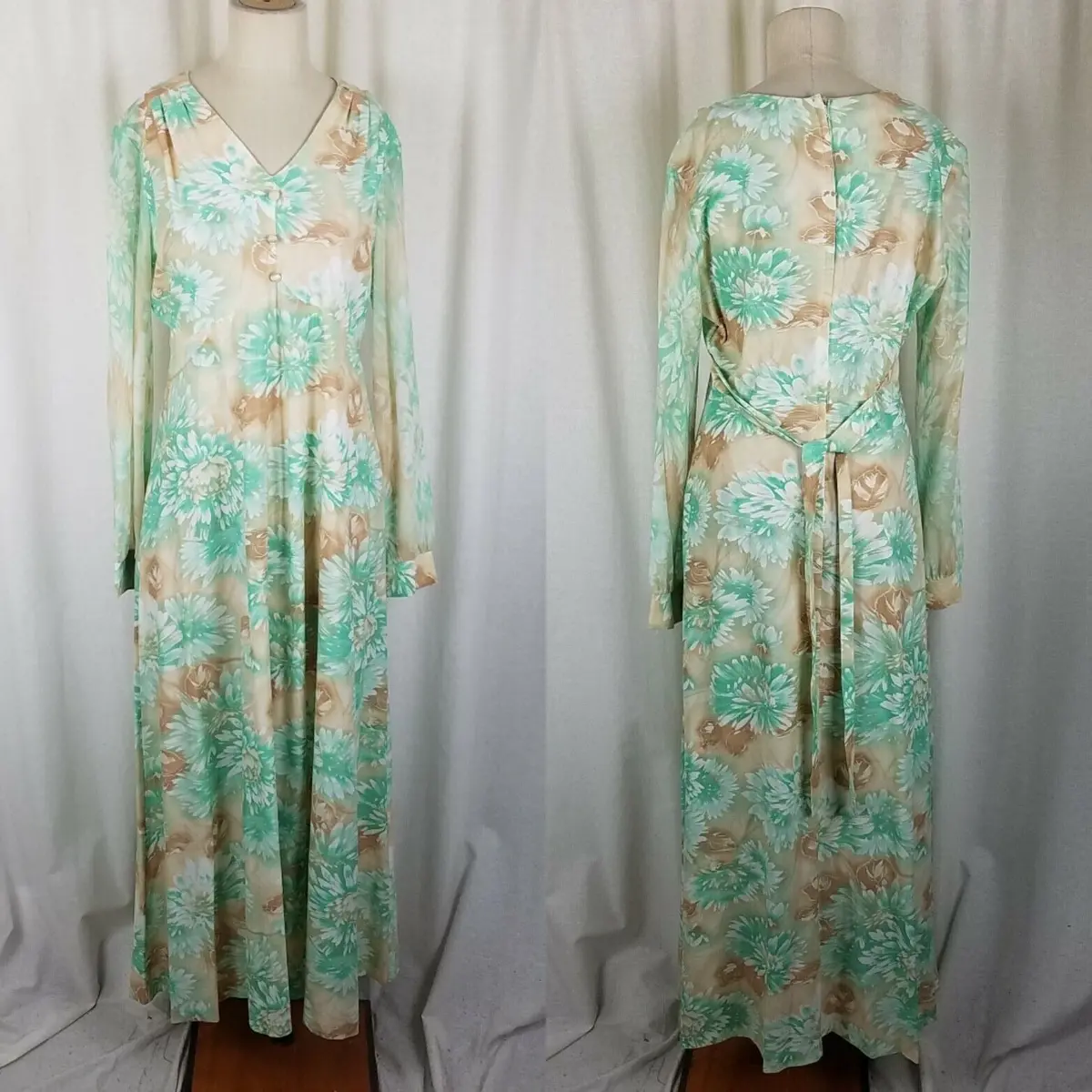 Vintage 70S Long Maxi Hawaiian Floral House Dress Womens 18 Green Tan Flowing 1