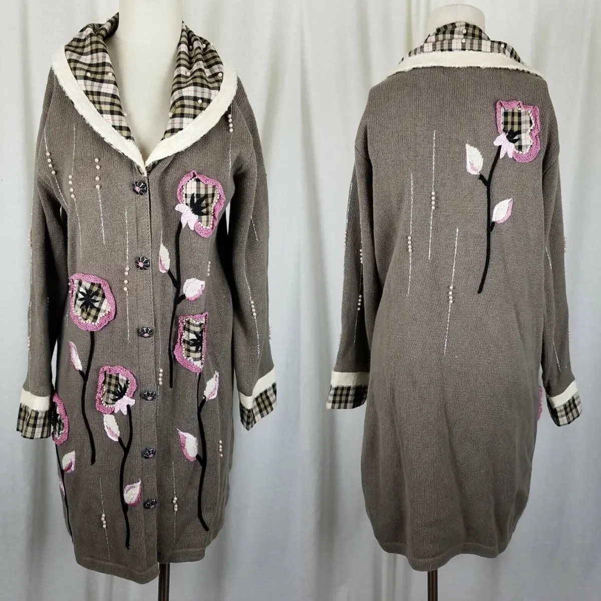 Storybook Knits Blooming Plaid Long Knit Sweater Cardigan Coat Jacket Womens M 1