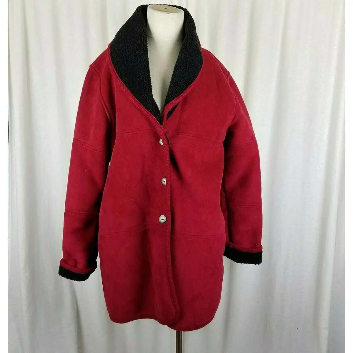 County Seat Faux Shearling Suede Sherpa Berber Fleece Shawl Collar Peacoat M Red 1
