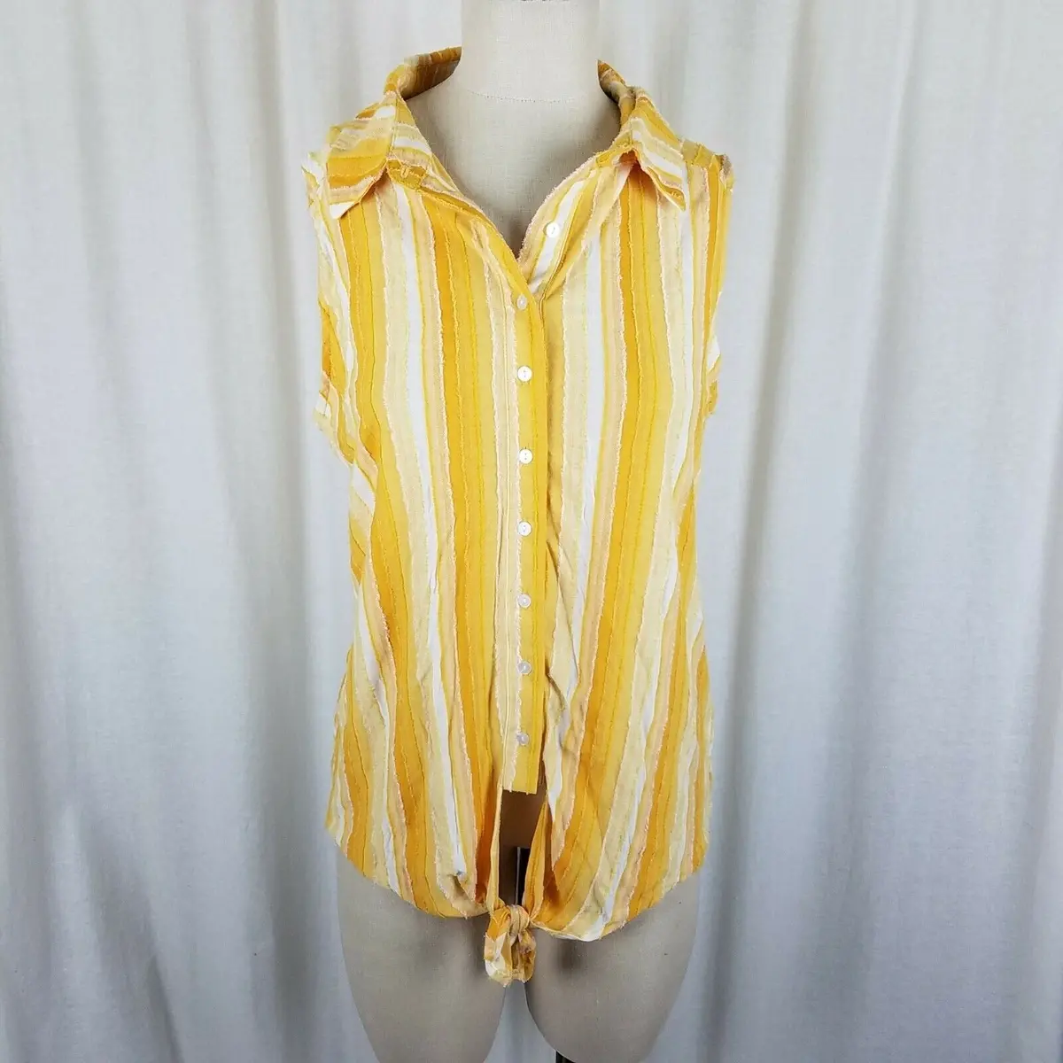 Rain Striped Sleeveless Button Up Tie Knot Waist Top Tunic Blouse Womens L White 1
