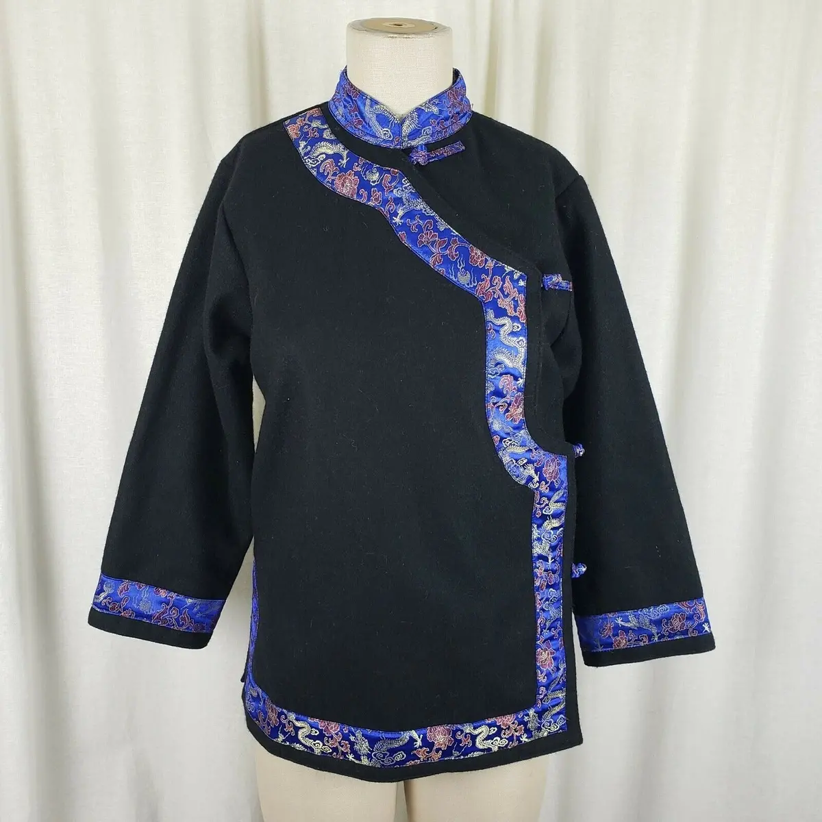 Changsan Mandarin Collar Wool Silk Jacket Asian Frog Closures Womens S Nepal Vtg 1