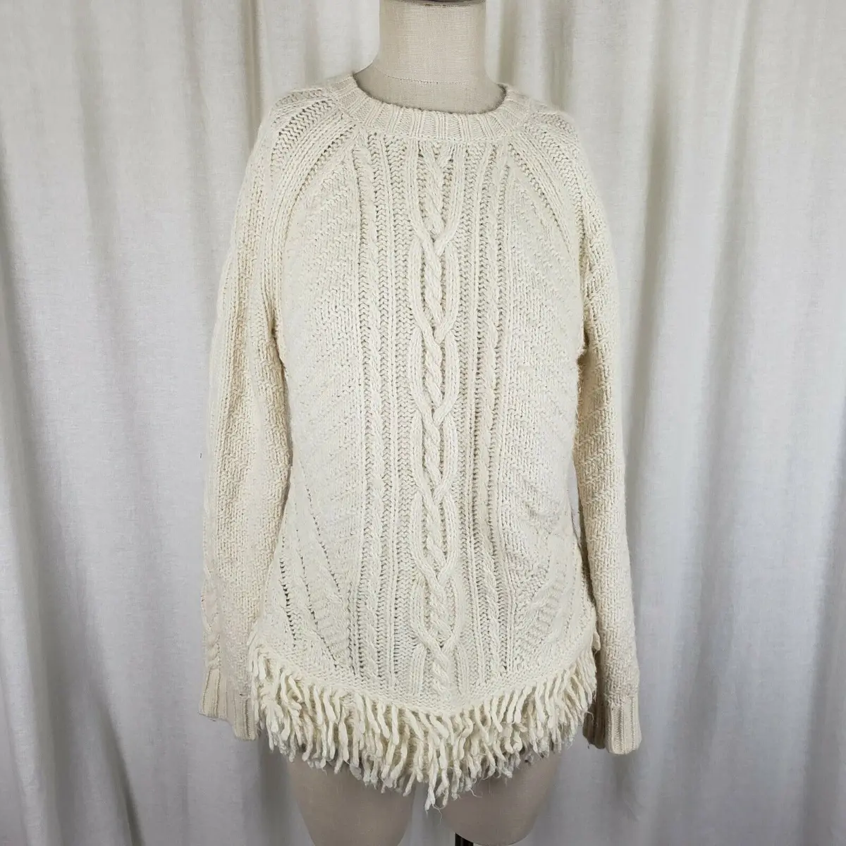 Banana Republic Fringe Hem Cable Knit Aran Sweater Womens L Hippie Boho Italian 1
