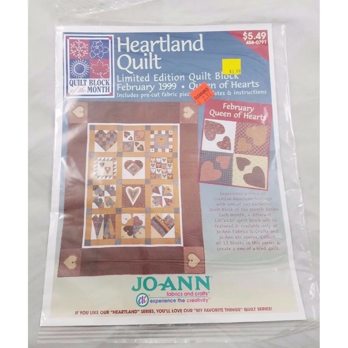 Joann Heartland Quilt Block Of The Month February 1999 Queen Of Hearts Sealed 1