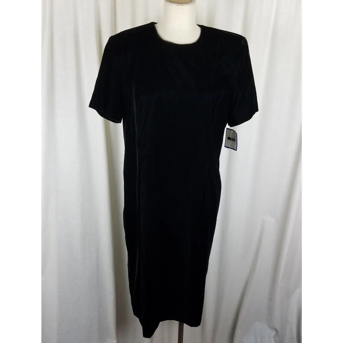Vintage Leslie Fay Dresses Black Velvet Midi Dress Womens 16 80S Shoulder Pads 1