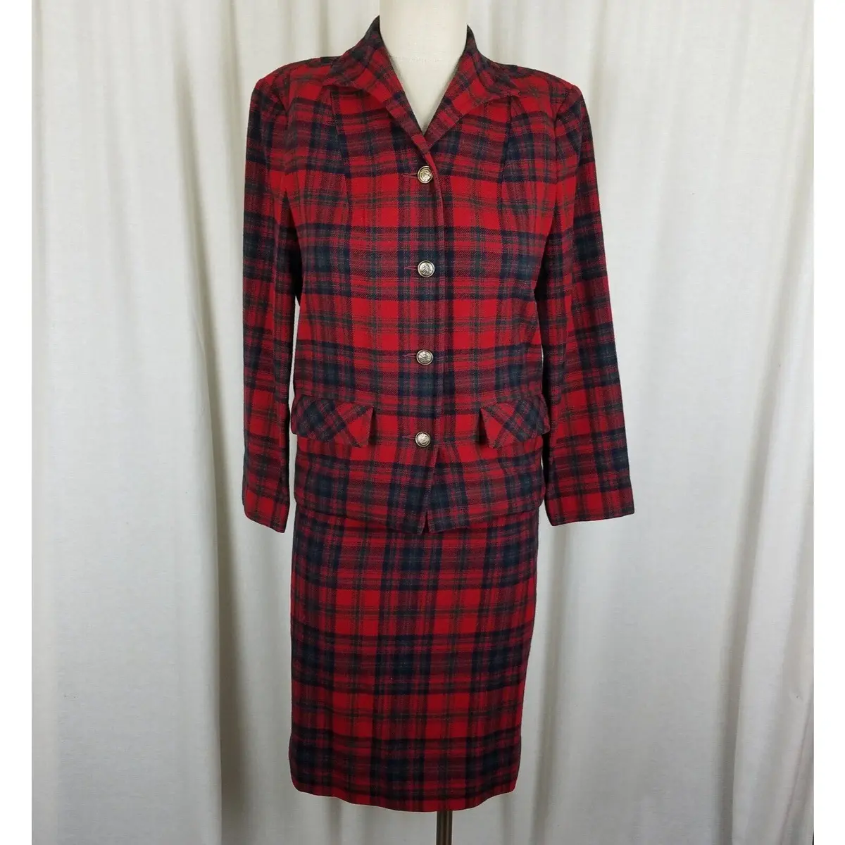 Vintage Pendleton Calgary Red Wool Plaid Blazer Jacket Skirt Suit Set Womens 8 1