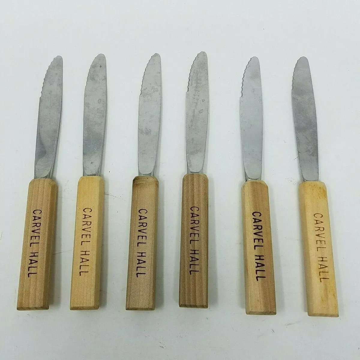 Set Of 6 Carvel Hall Vintage Wood Handle Steak Knives Wood Burned Logo College 1