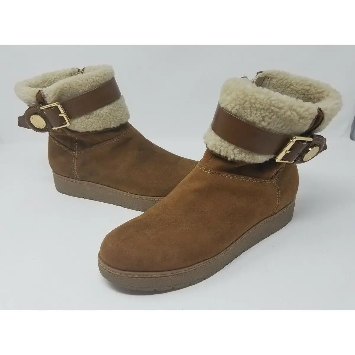 Marc Fisher Buckle Ankle Boots Faux Fur Shearling Suede Side Zip Tan Women's 7M 1