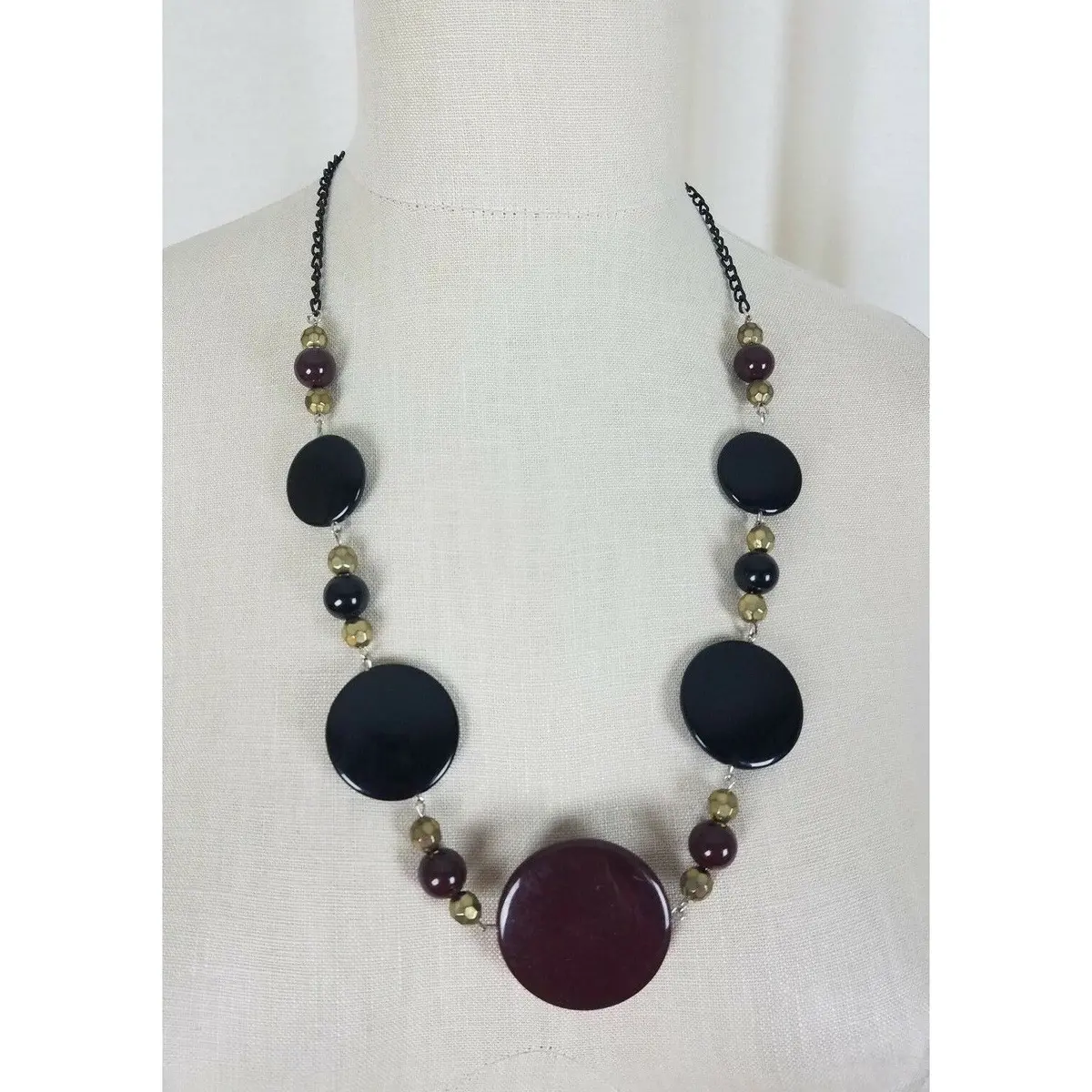 Glass Circles Flat Beads Beaded Necklace Contemporary Statement Piece Burgundy 1
