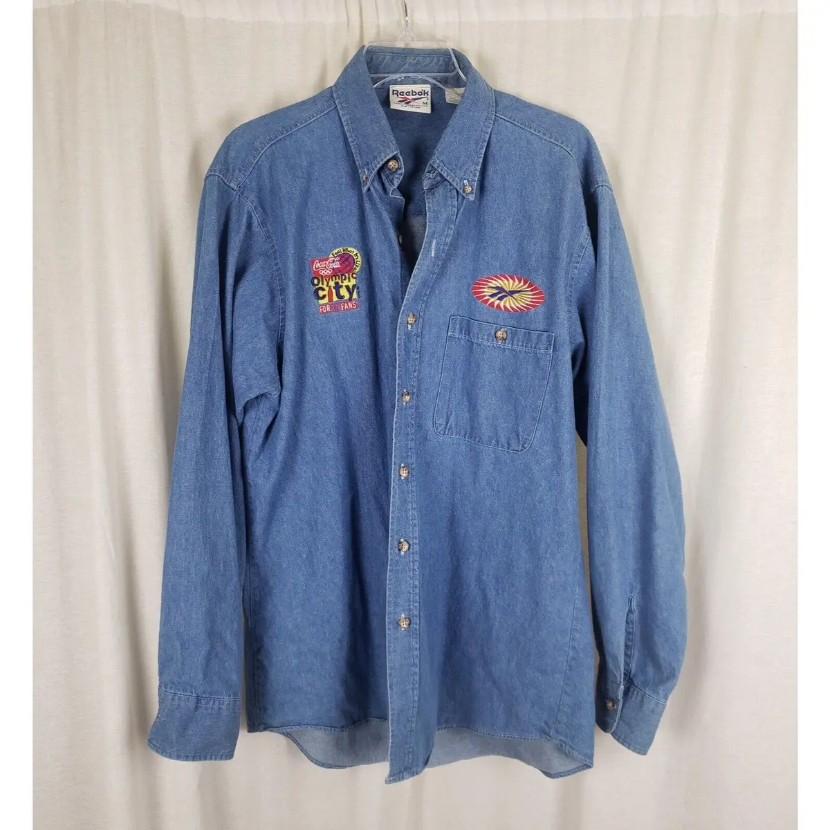 Vtg Reebok Olympic City Chambray Denim Blue Jean Button Work Shirt Mens Sz M Usa 1