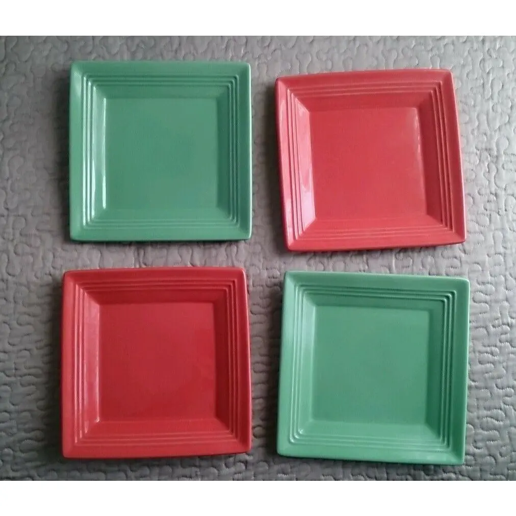 Lot Of 4 Tuxton China Square Plates Concentric Cinnebar Orange Cilantro Green 1