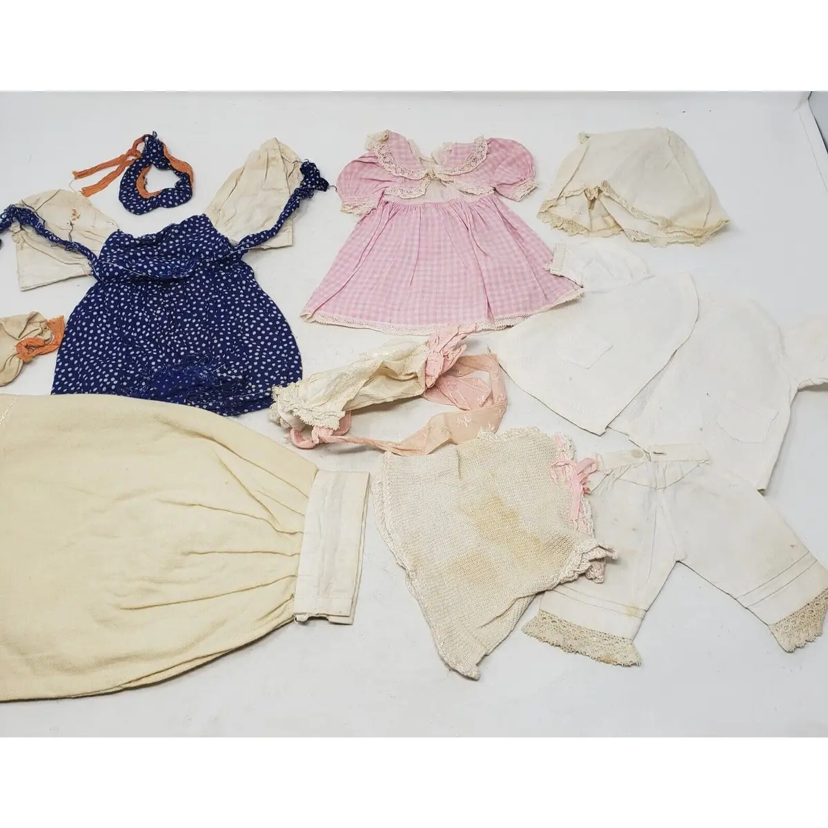 Vintage Antique Baby Doll Clothes Lot Pink Gingham Dress Skirt Pantaloons 18" 1