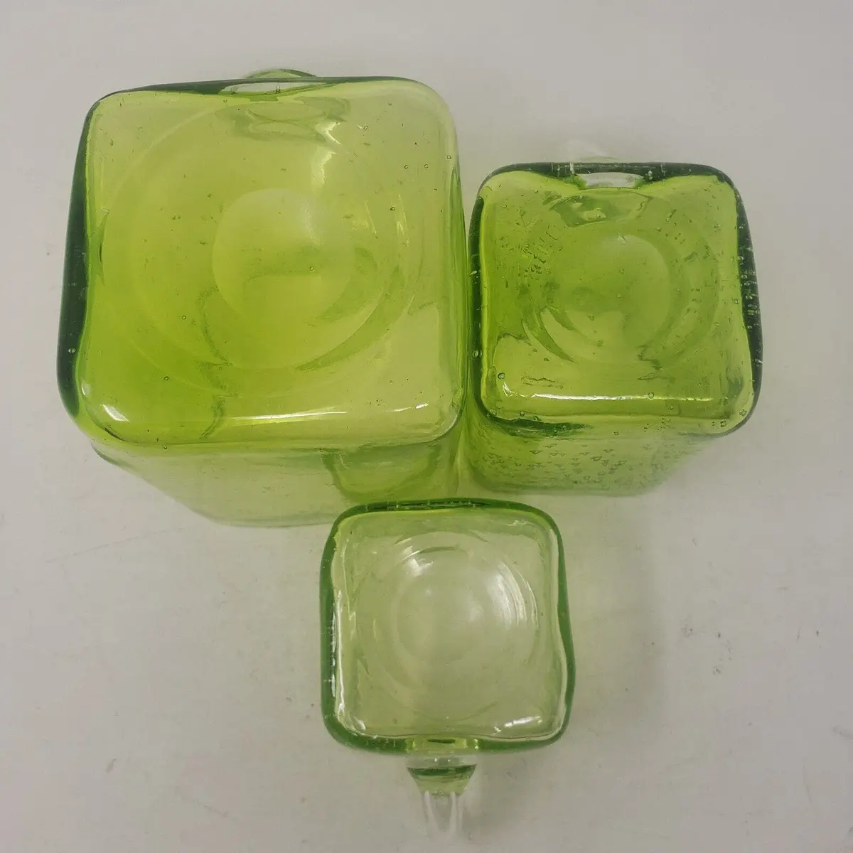 Vintage Graduated Size Mug Handles Square Bubble Glass Vase Cups Set Of 3 Lime 2
