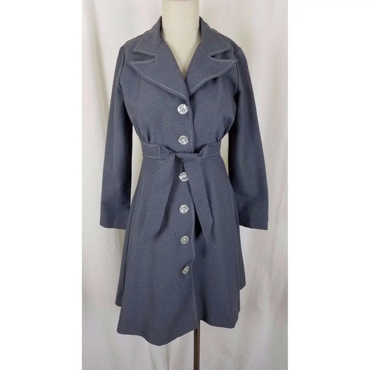 Vintage Plaza South Belted Tie Fit & Flare Dress Trench Coat Womens 10 Gray Usa 1