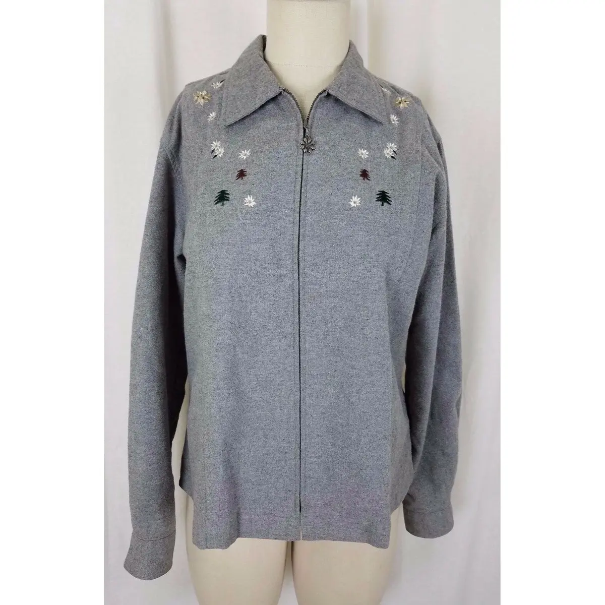 Vintage Ll Bean Embroidered Full Zip Gray Flannel Jacket Womens 8 Kitsch 80S 90S 1