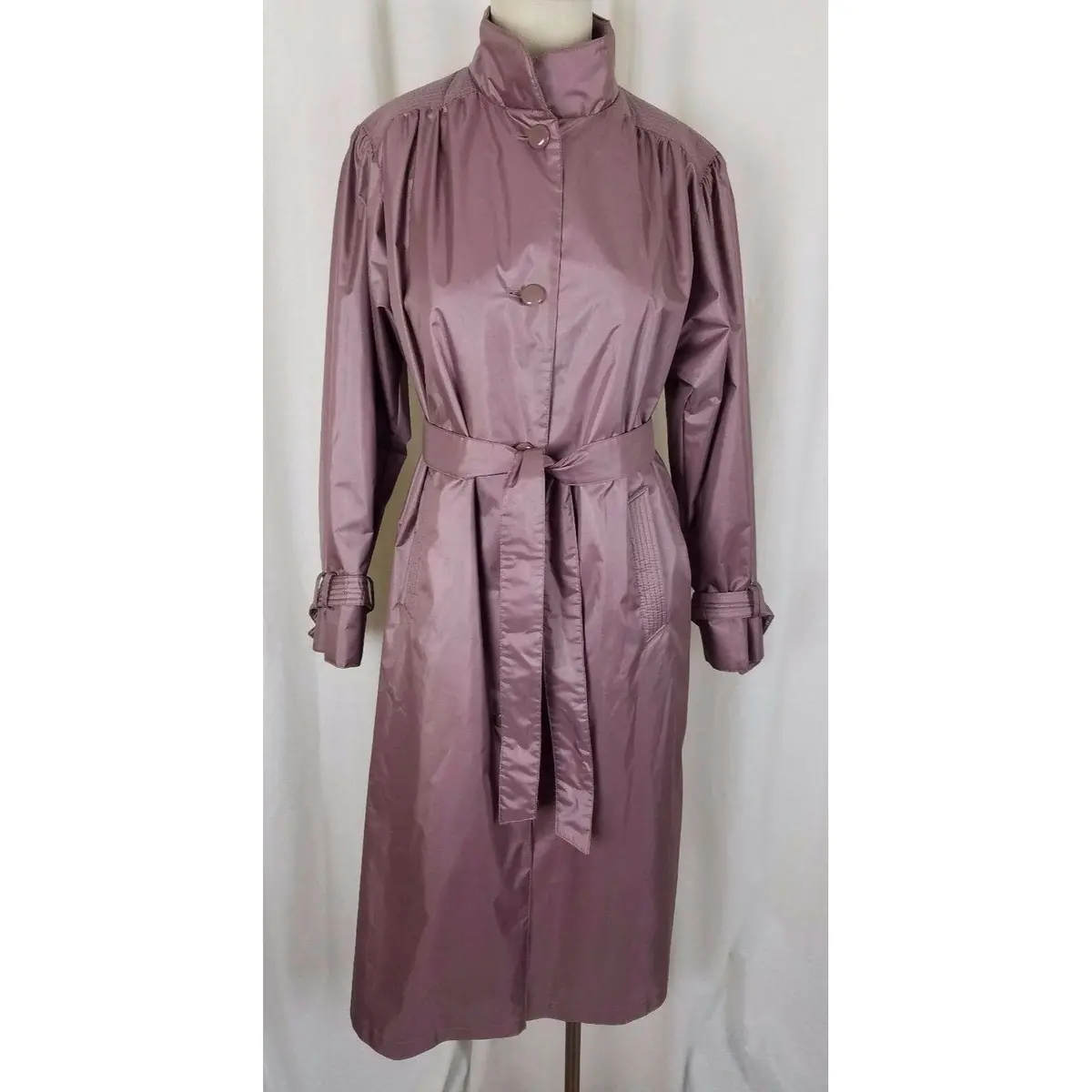 Jennifer Hill Shiny Wet Look Belted Tie Sash Long Trench Coat Womens 6 Rose Pink 1
