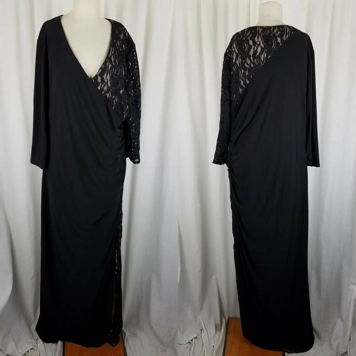 Black Side Ruched Stretch Faux Wrap Maxi Dress Lace Accents Womens 2X Plus Size 1