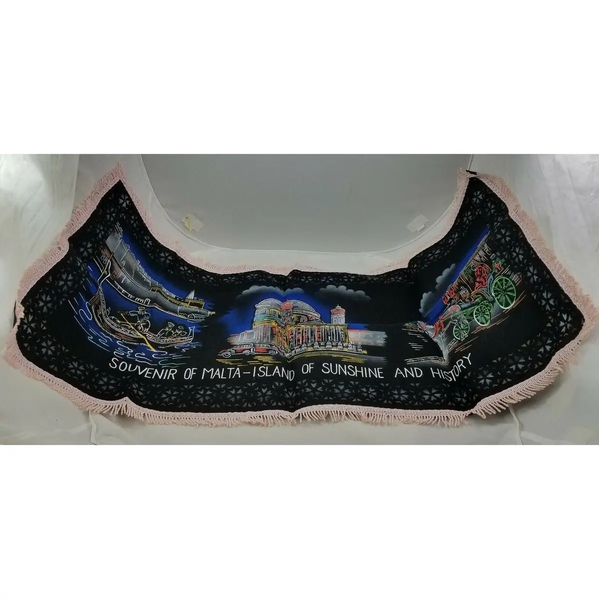Vintage Malta Island Black Velvet Large Souvenir Pillow Cover Table Runner 50S 1