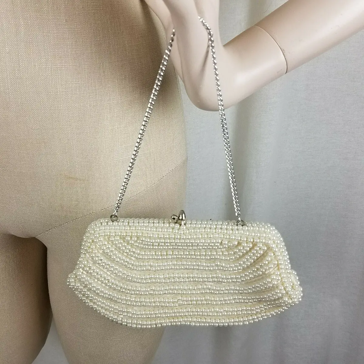 Vintage Beaded Pearl Purse Japan Ivory Handbag Metal Chain Wedding Formal Prom 2
