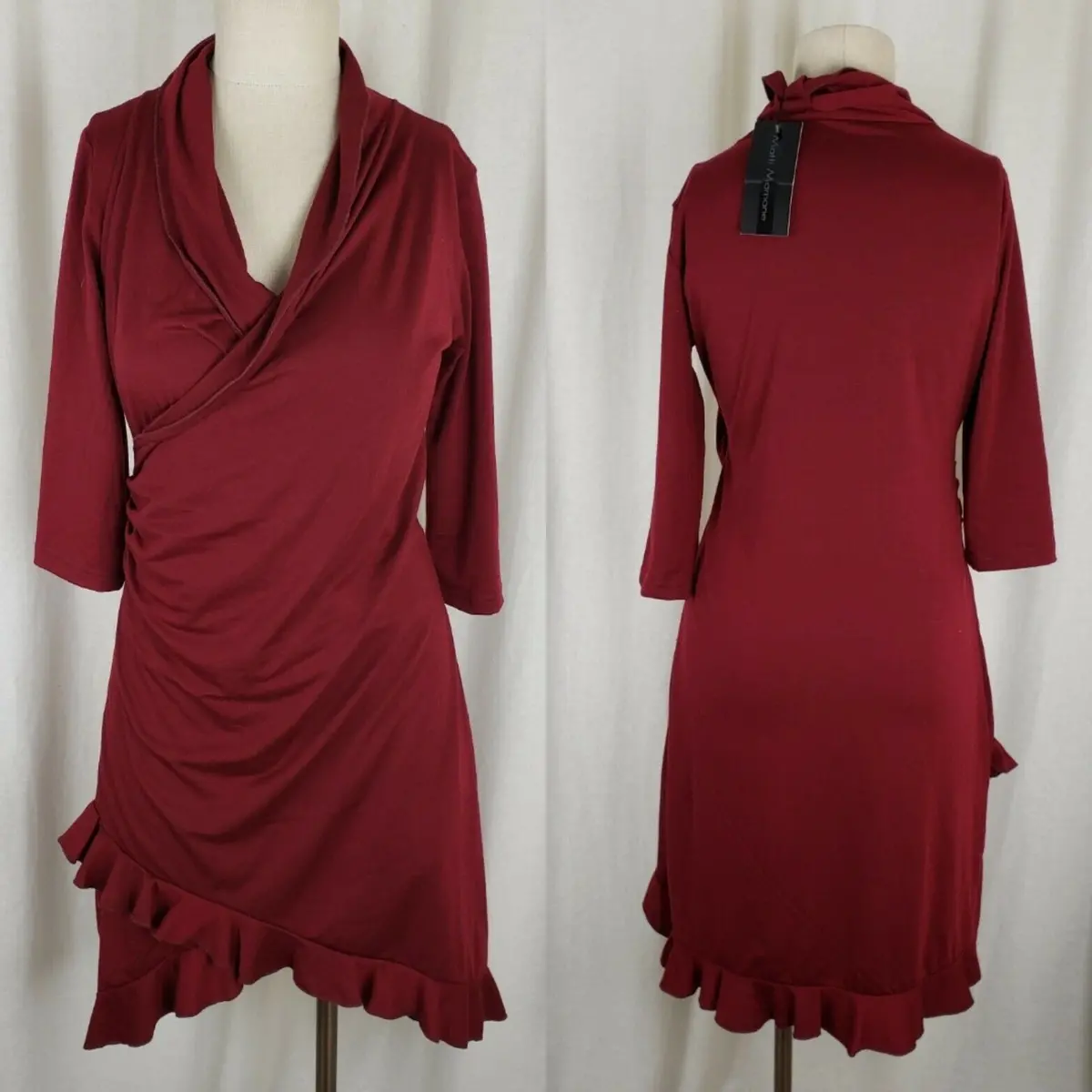 Matti Mamane Maroon Ruffled Ruched Faux Wrap Jersey Knit Dress Womens 2 M Nwt 1