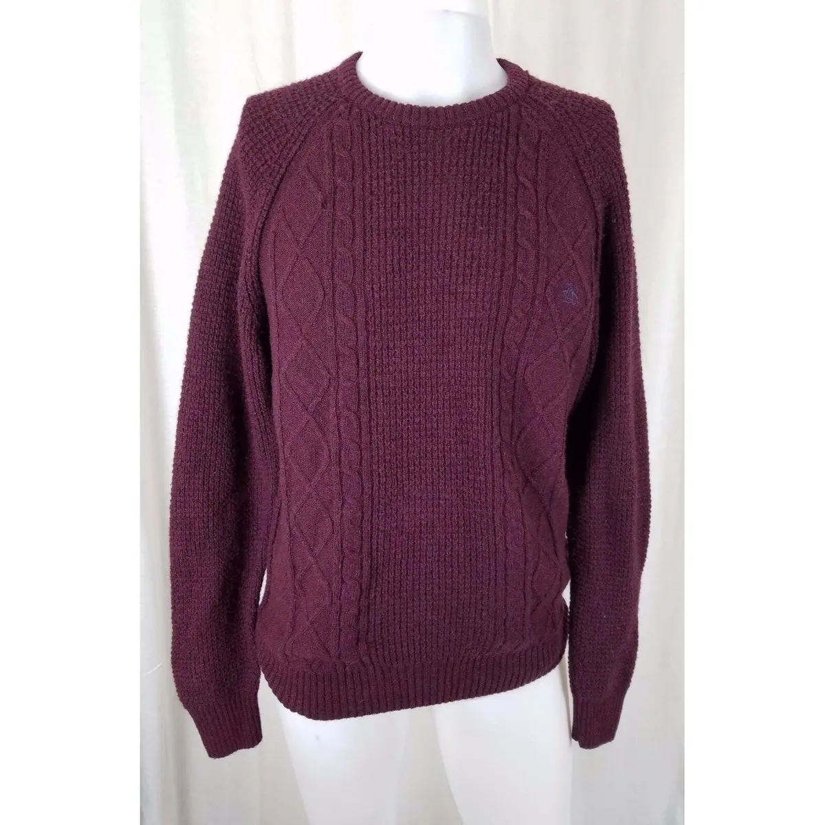 Penguin By Munsingwear Knit Sweater Pullover Crewneck Mens L Maroon Waffle Check 1