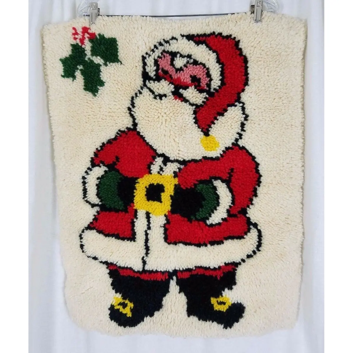 Vintage Santa Claus Wool Latch Hook Christmas Wall Hanging Rug Completed 21X26 1