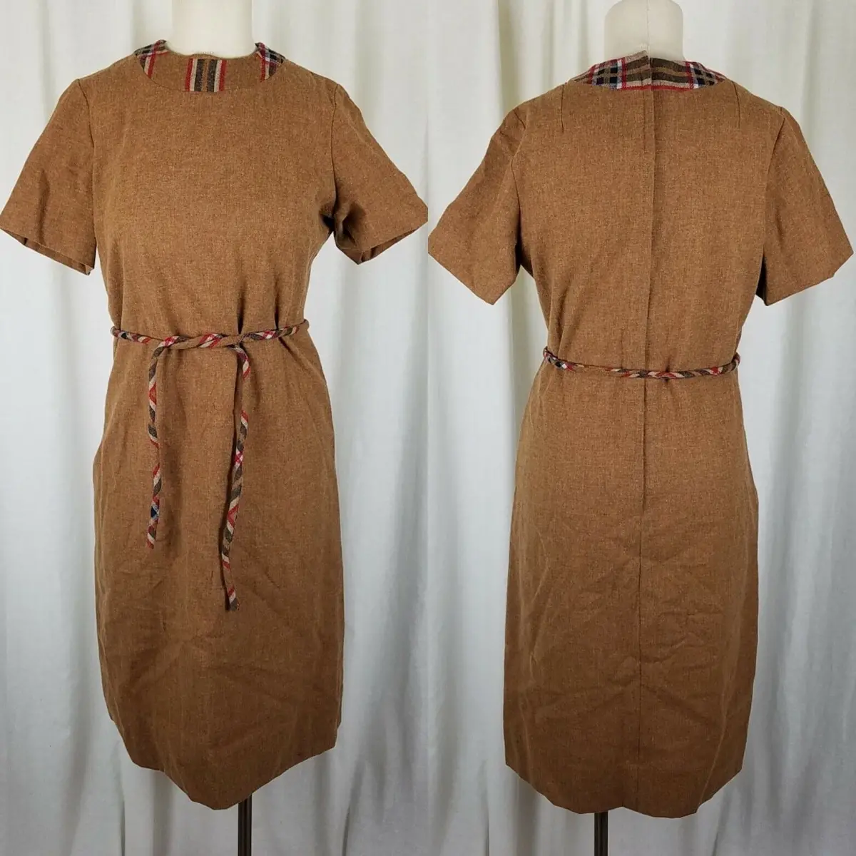 Margaret Smith Vintage Woven Plaid Wool Tweed Mod Dress Womens 12 Brown 1950S 1