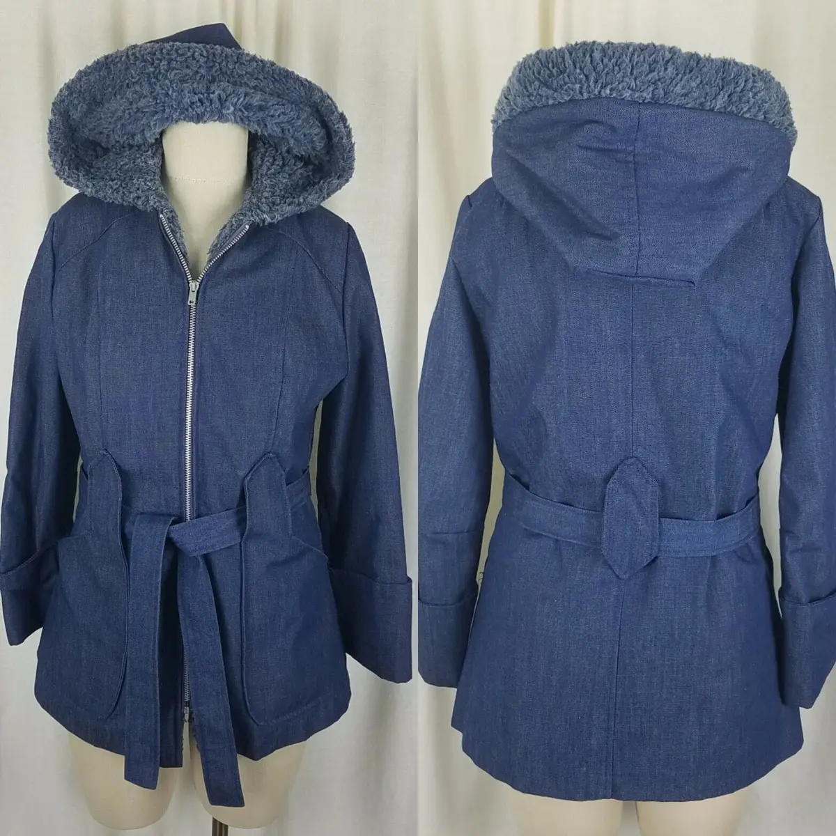 Vintage Hooded Deep Pile Fur Fleece Lined Blue Denim Jean Jacket Womens S Xs 70S 1