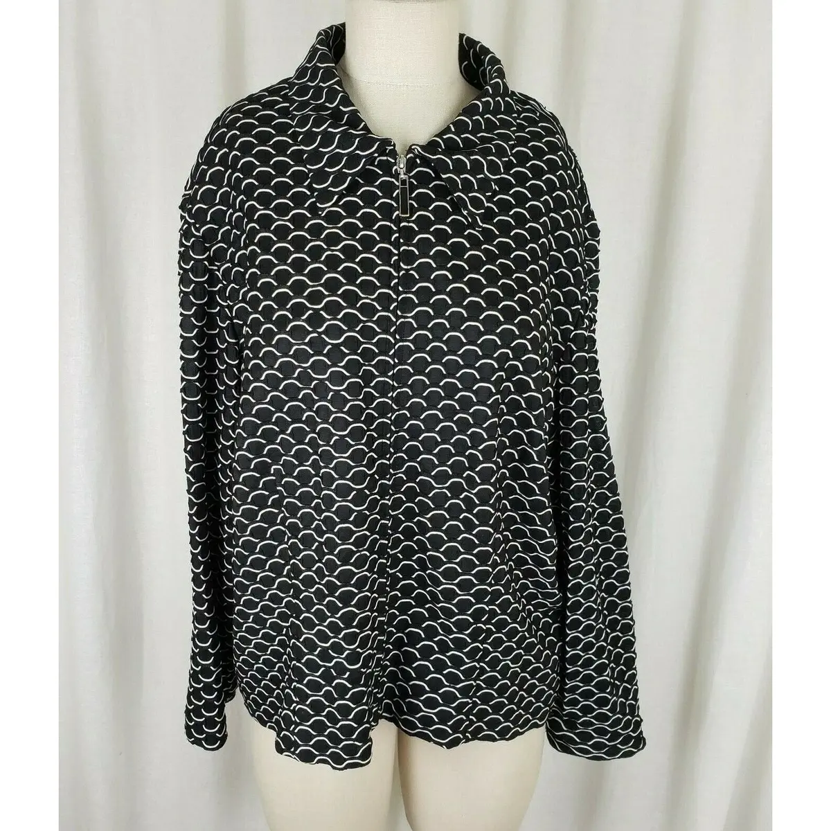 Jolibel Textured 3D Raised Print Black White Jacket Womens L Zippered Zip Up 80S 1