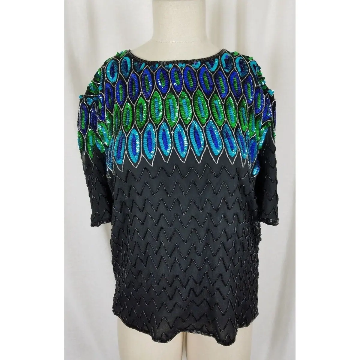 Stenay Heavily Beaded Sequined Formal Evening Top Blouse Shirt Womens L Peacock 1