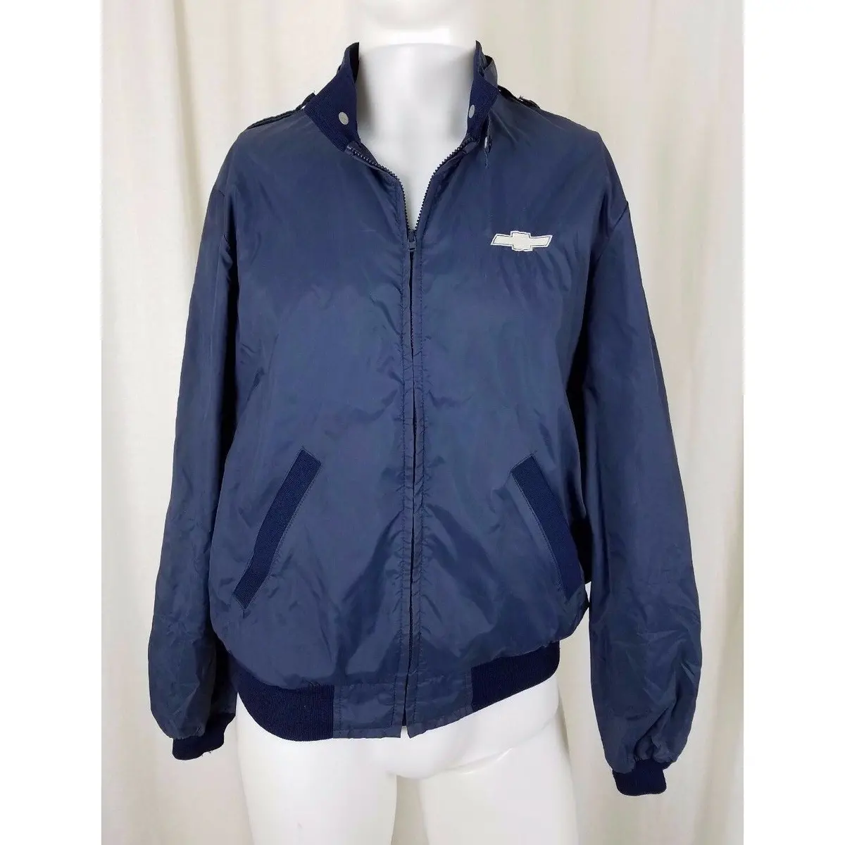 Vintage Chevy Chevrolet Embroidered Nylon Navy Blue Windbreaker Jacket Mens S M 1