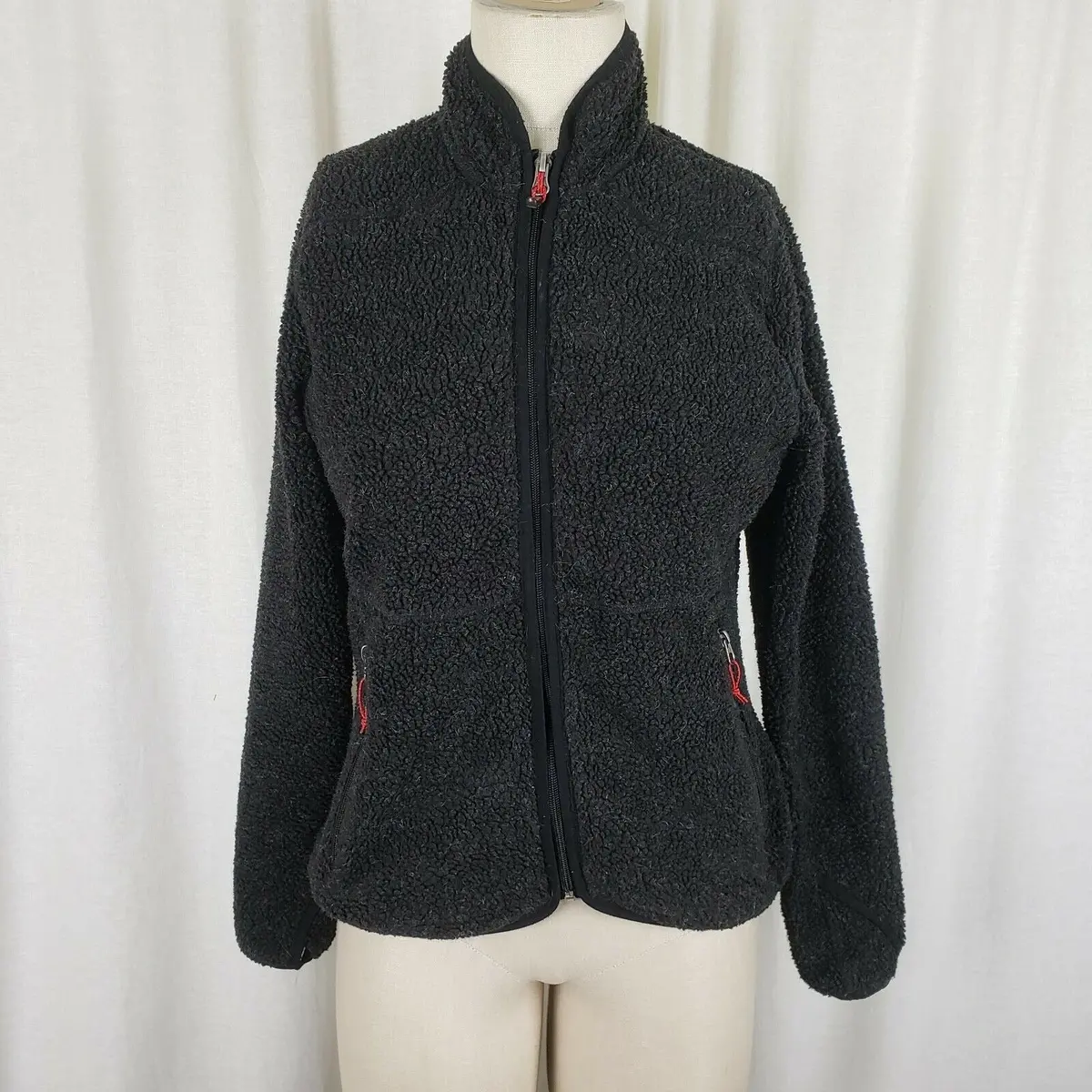 Woolrich Black Berber Fleece Full Zip Up Fitted Funnel Neck Jacket Womens S 1