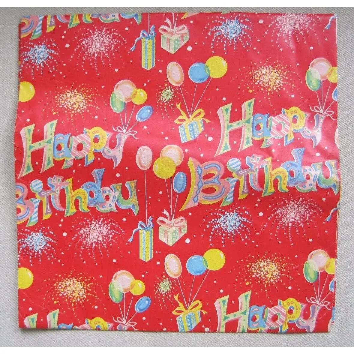 Vintage Mid Century Happy Birthday Wrapping Paper Square Gifts Balloons 1970S 1