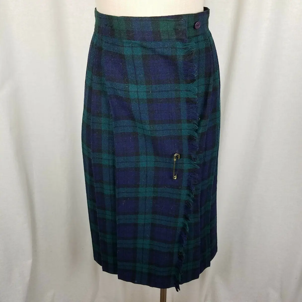 Nine To Five Wool Tartan Plaid Pleated Pinned Wrap Kilt Skirt Womens 7 Vintage 1