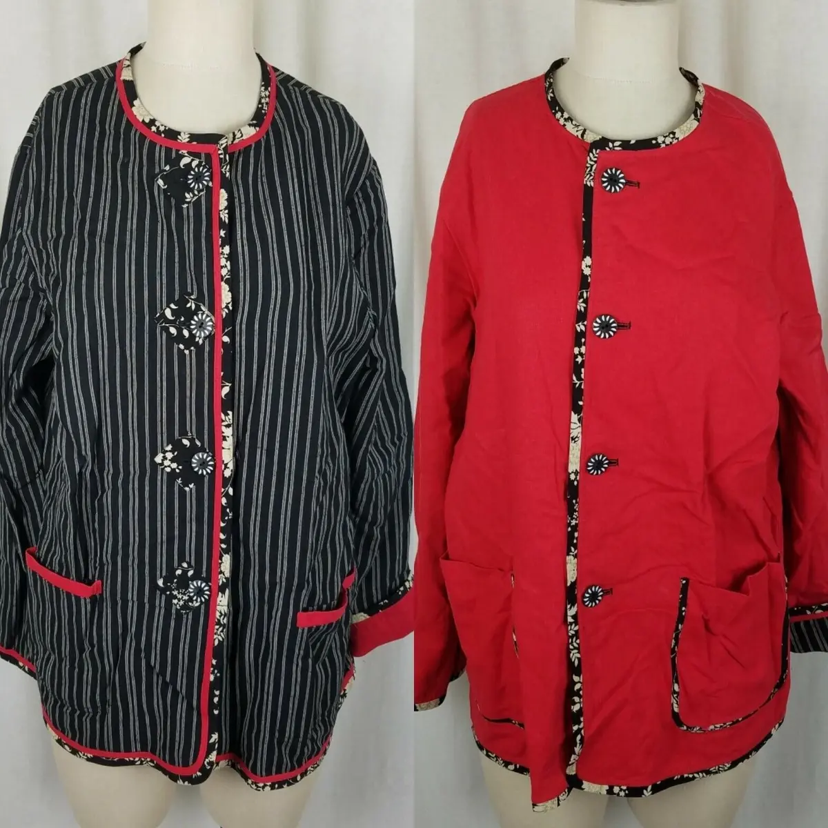 Vintage Reversible Quilted Artsy Jacket Blazer Womens L Handmade Black Red 90S 1