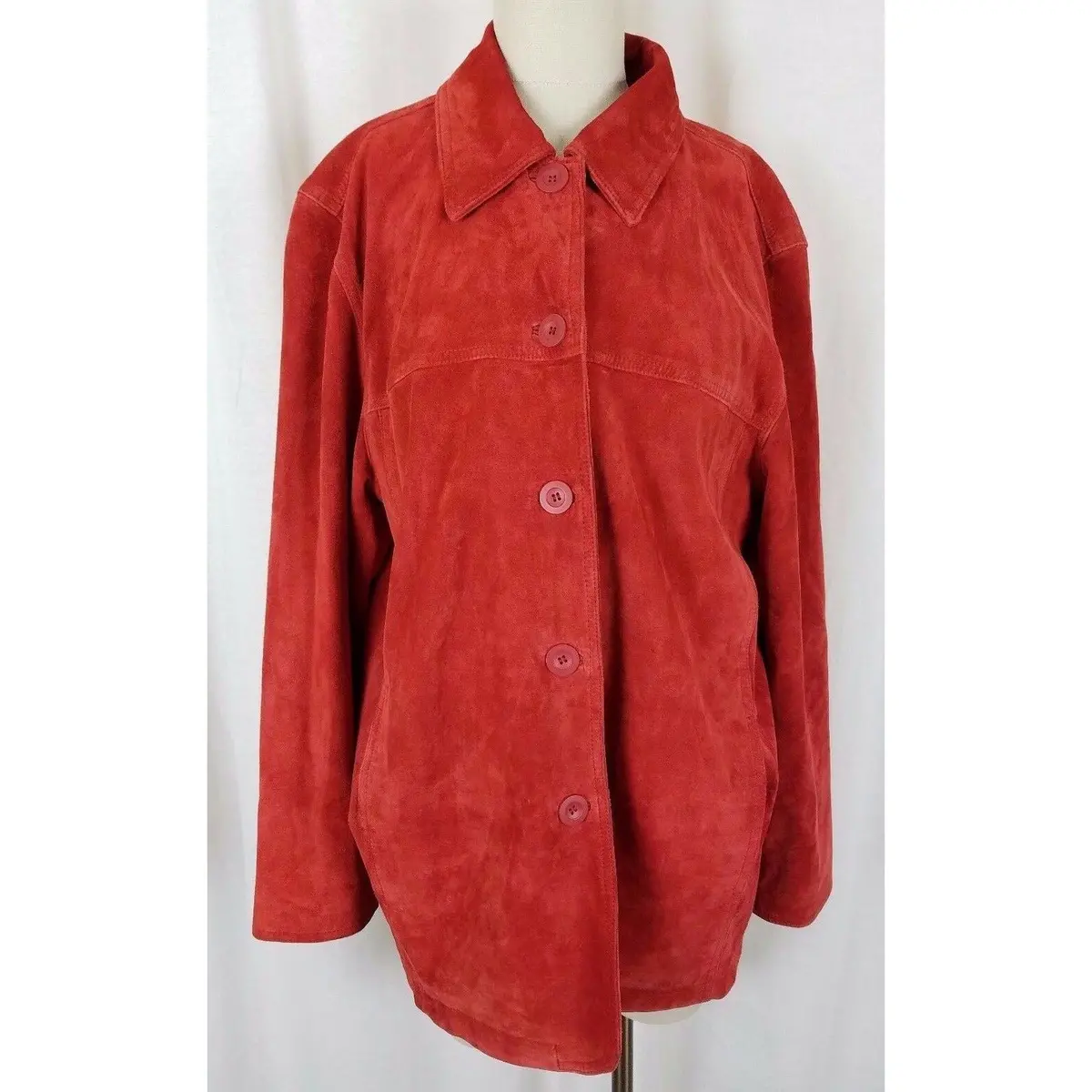 St. John's Bay Washable Leather Suede Full Button Up Shirt Jacket Womens L Red 1
