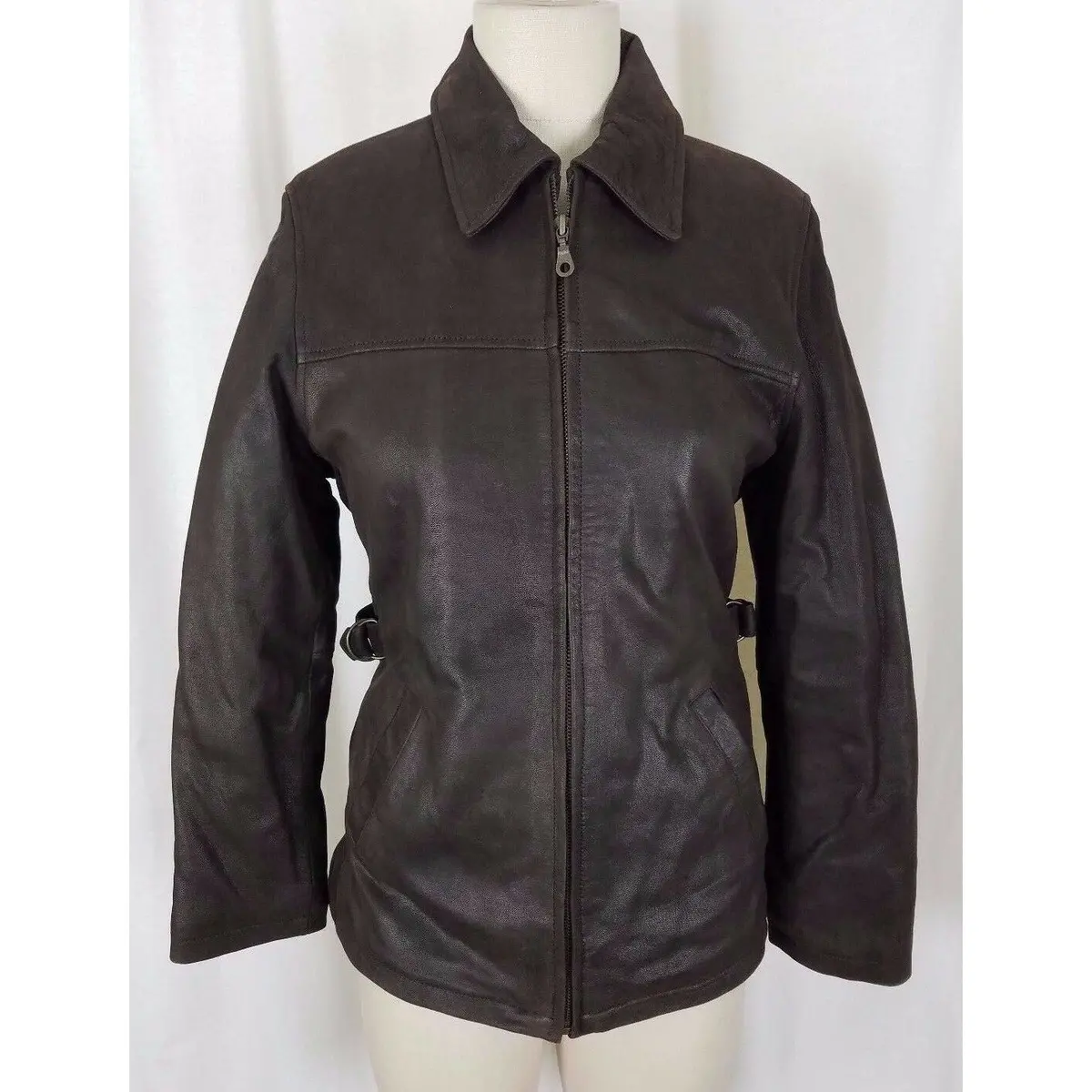Oakwood Classic Brown Leather Full Zip Up Half Belted Insulated Jacket Womens S 1