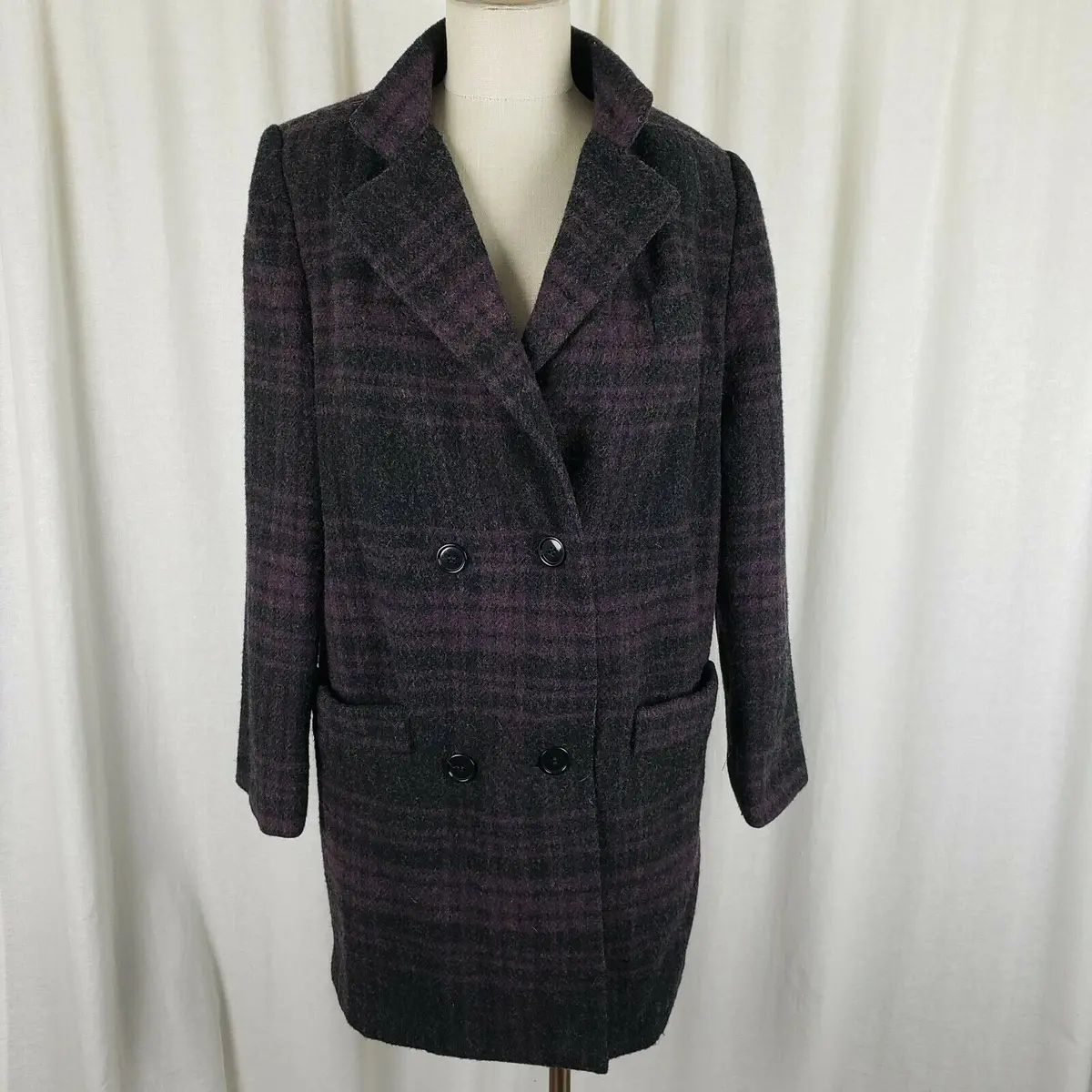 Paul Levy Purple Plaid Mohair Wool Midi Peacoat Womens M  L Vintage 80S Black 1